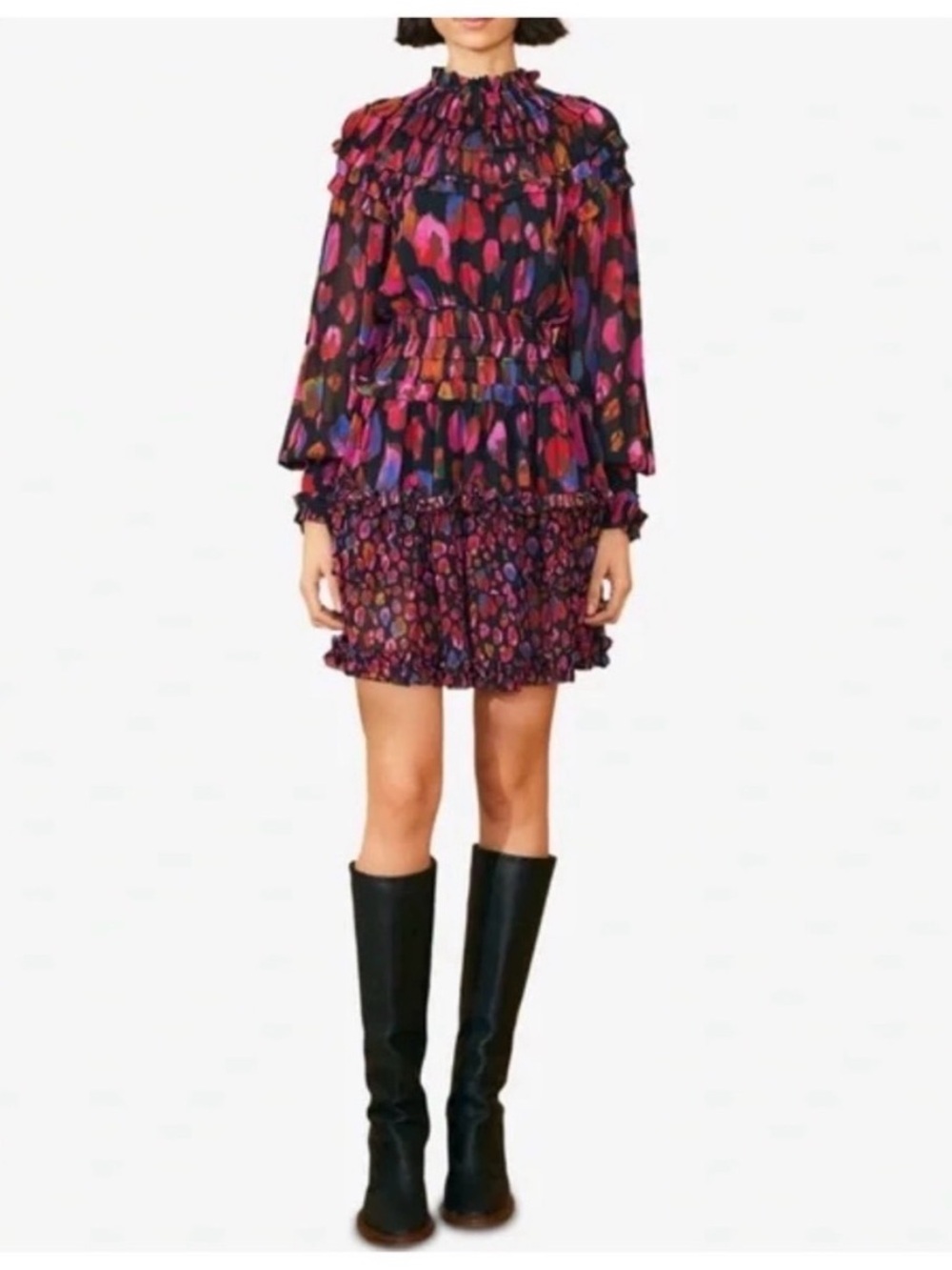 FARM Rio Black Floral-Print Ruffled Smocked Blouse- XS